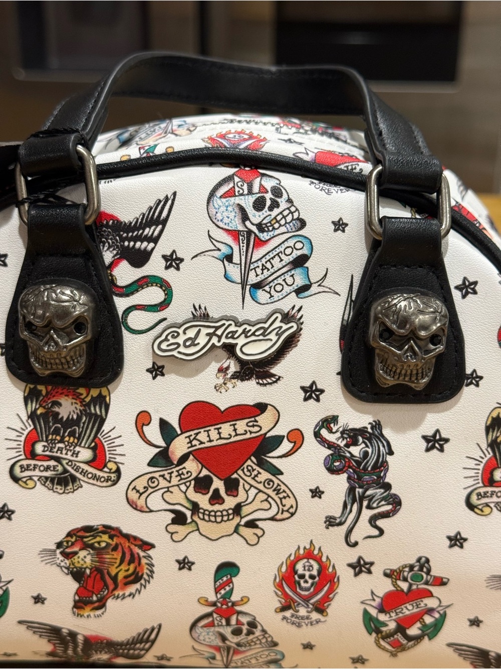Ed Hardy White Tattoo Print Dome Satchel with Skull Hardware - Picture 2 of 16